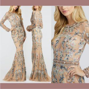 NWT $798 Mac Duggal [ 14 ] Floral Embroidered Long Sleeve Trumpet Gown Nude Q624